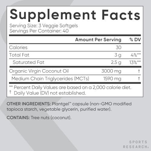 Sports Research® Organic Coconut Oil 3000mg, 120 Softgels | Cold-Pressed