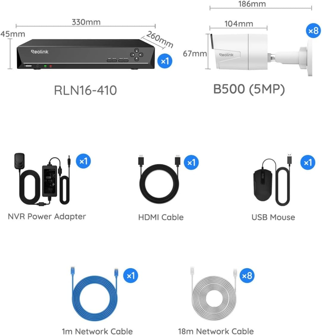 REOLINK 16CH 5MP Home Security Camera System with 4TB HDD RLK16-410B8-5MP | 8pcs 5MP Wired Outdoor PoE IP Cameras with Smart Detection