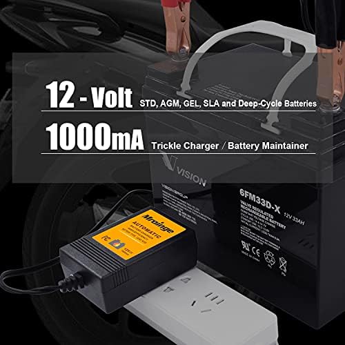 Trickle Charger 12V 1000mA Smart Battery Charger & Maintainer and Automatic Float Charger for Motorcycle, ATV, Lawnmowers and More