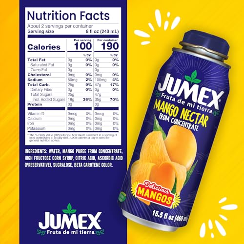 Jumex Mango Nectar Lata Botella - Made with Fresh Fruit Puree - Mango Juice Concentrate for Tropical Fruit Smoothie Mix, Cocktail Mixers & Kids Beverages - 15.5oz, 12 Pack Resealable Juice Bottles