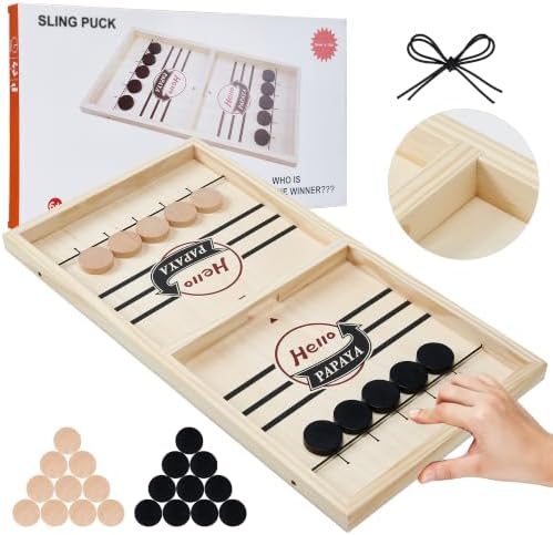 HELLO PAPAYA Fast Sling Puck Game - Test Your Speed and Accuracy with This Fast-Paced Wooden Air Hockey Desktop Battle Board Game - Guaranteed Fun