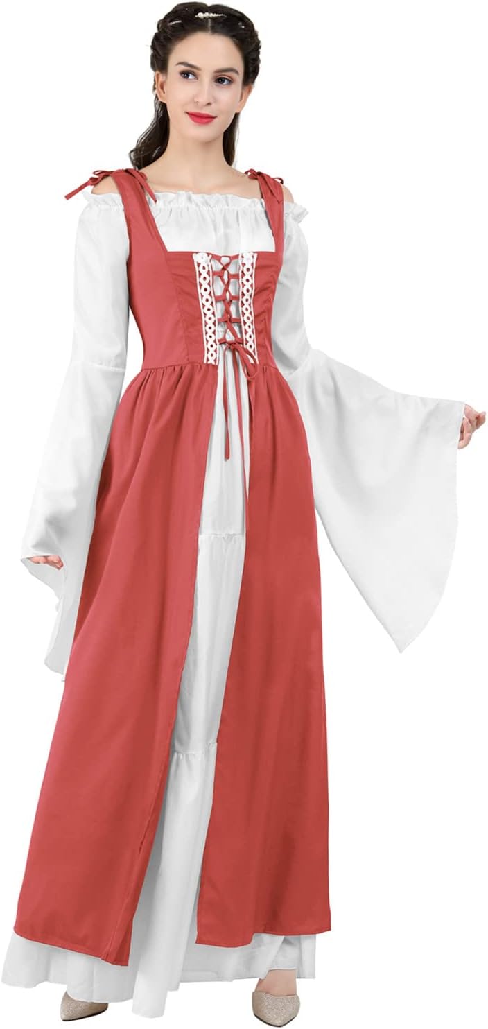 Kranchungel Renaissance Costume Women Dress: Flowy Long Sleeve Medieval Dress for Renaissance Faires & Medieval Festival