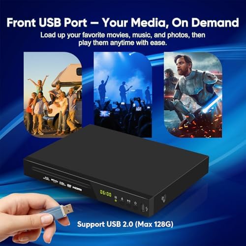 Blu-ray DVD Player Full HD 1080p with Dolby Digital, TrueHD and DTS Audio | DVD Upscaling, Region A Blu-ray & Region 1 DVD Support, 128GB USB Playback
