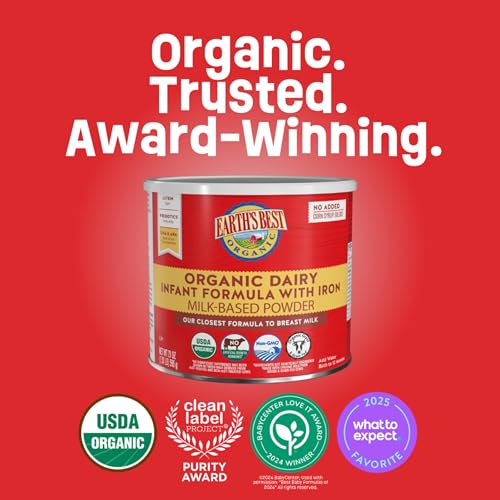 Earth's Best Organic Baby Formula for Babies 0-12 Months, Powdered Dairy Infant Formula with Iron, Omega-3 DHA, and Omega-6 ARA, 32 oz Formula Container