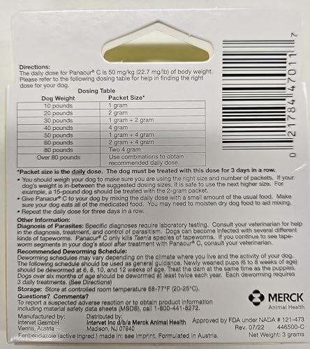 Panacur C Canine Dewormer (Fenbendazole), 1 Gram, Yellow, 3 Count (Pack of 1)