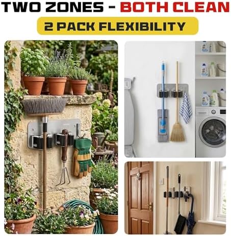 Wall Mount Hanger for Brooms & Mops - Adhesive Stainless Steel Mops & Broom Holder, 4 Clamps, 3 Hooks