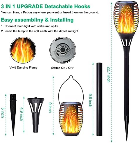 Flickering Flame Solar Torch Lights Outdoor, 3in1 Solar Lantern