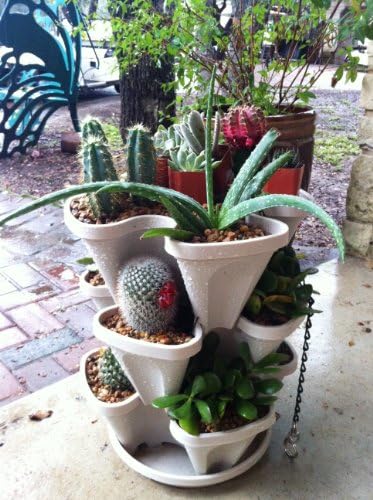 Mr. Stacky 3 Tier Stackable Herb Garden Planter Set with Bottom Saucer - Stone Color - Vertical Container Pots for Herbs, Strawberries, Flowers