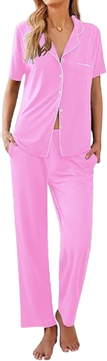 Ekouaer Womens Pajamas Set Short Sleeve Button Down Top & Pants Lounge Pjs
