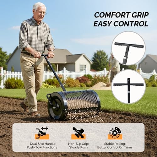VINGLI Compost Spreader, 24 inch Peat Moss Spreader with Height Adjustable Handle, T Shaped Handle Peat Moss Roller, Seed Spreader for Lawn Backyard Outdoor (24"-Black & Yellow)