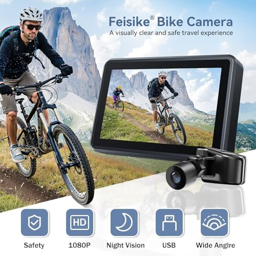 FEISIKE Handlebar Bike Mirror, Bicycle Rear View Camera with 4.3'' HD Night Vision Function, 145° Wide Angle View, Adjustable Rotatable Bracket