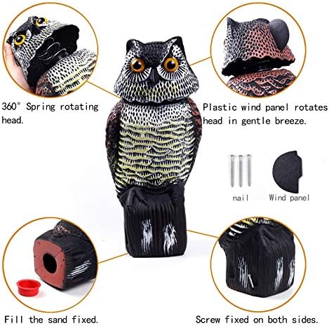 Owl Decoys to Scare Birds Away with Rotating Head,Natural Enemy Bird Deterrent Realistic Eyes & Waterproof Shape Fake Owl Scarecrow Bird Control