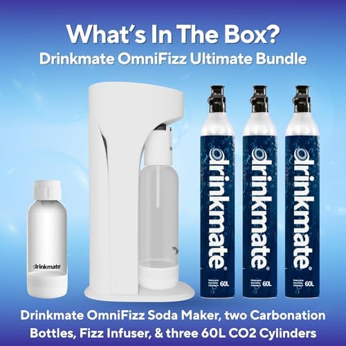 Drinkmate OmniFizz Sparkling Water Maker & Soda Streaming Machine | Carbonates Any Drink | ULTIMATE BUNDLE | Includes Three 60L CO2 Cartridges + Two