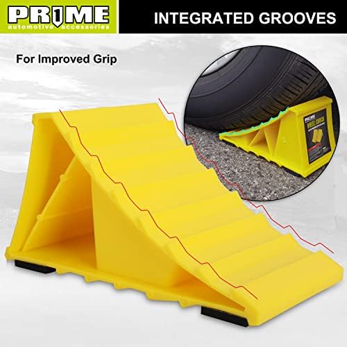 PR1ME Wheel Chocks with Non-Slip Base for RV & Trailer. 2 Pack Heavy Duty Wheel Chock with Bright Yellow. Lightweight Wheel Stoppers for Cars Camper