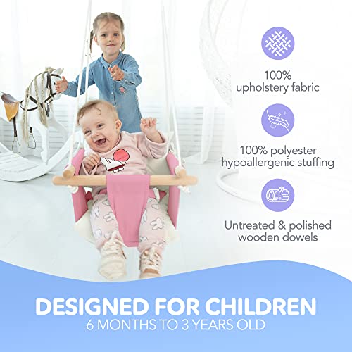 CaTeam Canvas Baby Swing Seat with 5-Point Safety Belt — Wooden Hanging Toddler Swing, Indoor & Outdoor, Ages 1-4, Ceiling Mount Hardware Included