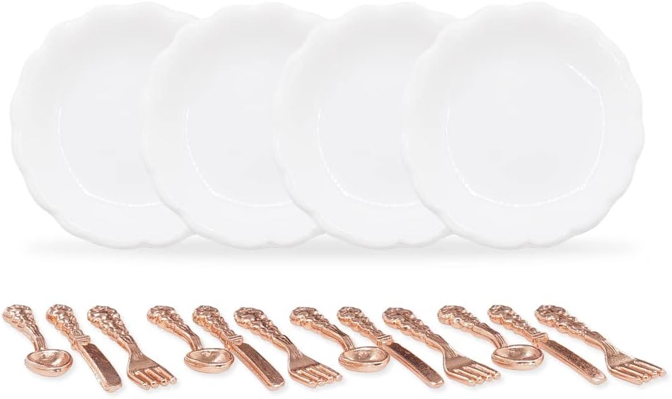 Odoria 1/12 Miniature Plates and Silverware Knife Fork Spoon Set Dollhouse Accessories, Silver