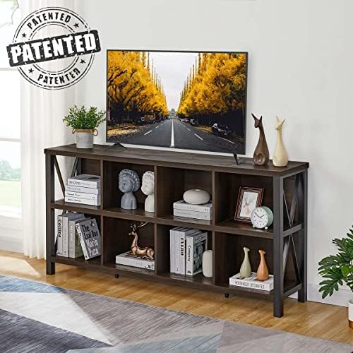 FATORRI 8 Cube Storage Organizer Bookshelf, 62 Inch Wood Horizontal Bookcase, Farmhouse Cube Long Book Shelf