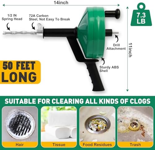 Wayona Drain Snake 50 FT, Plumbing Snake for Sink Snake Drain Clog Remover, Drain Snake with Drill Attachment with Bag Gloves Cleaning Brush