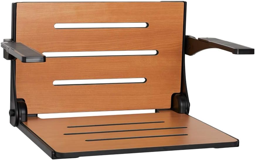 Seachrome Silhouette Comfort Folding Wall Mount Shower Bench Seat with Arms, Teak Seat with Silver Frame
