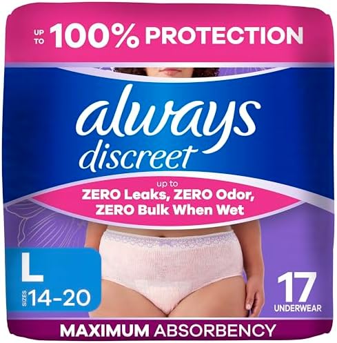 Always Discreet Adult Diapers for Women, Incontinence Underwear, Postpartum Essentials, Disposable Briefs, Max Absorbency, Bladder Leak Protection