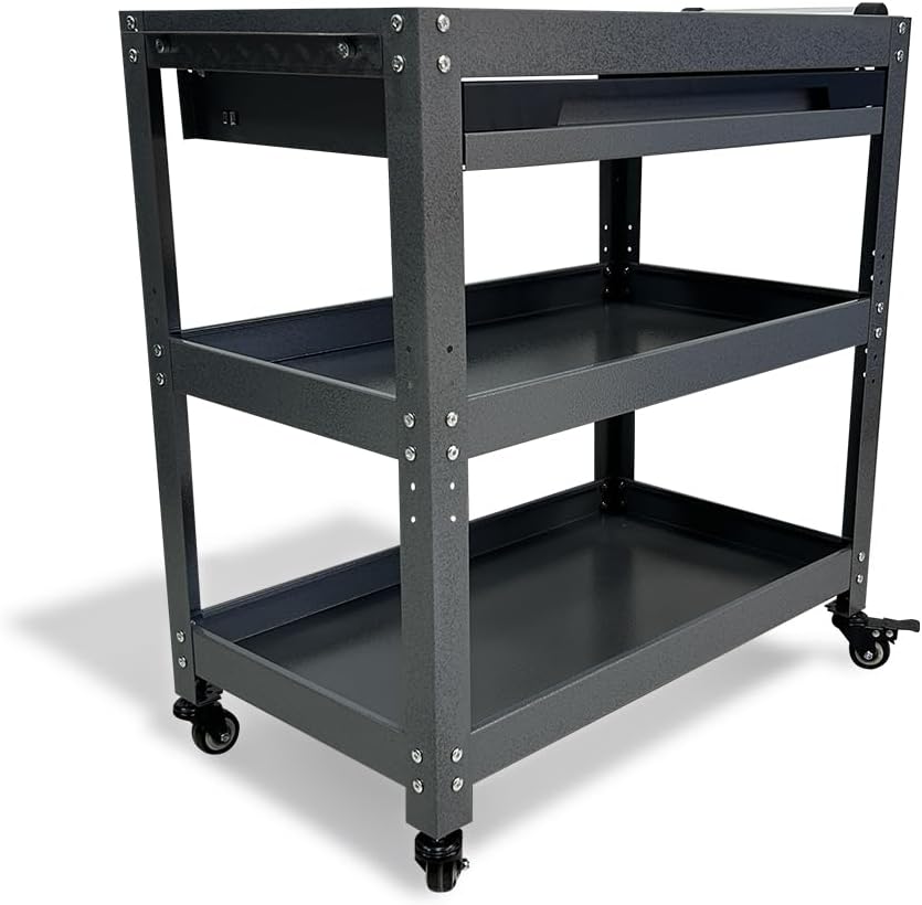 Metal 3 Tier Rolling Tool Cart with Drawer, Steel Utility Cart on Wheels, for Warehouse Garage Workshop