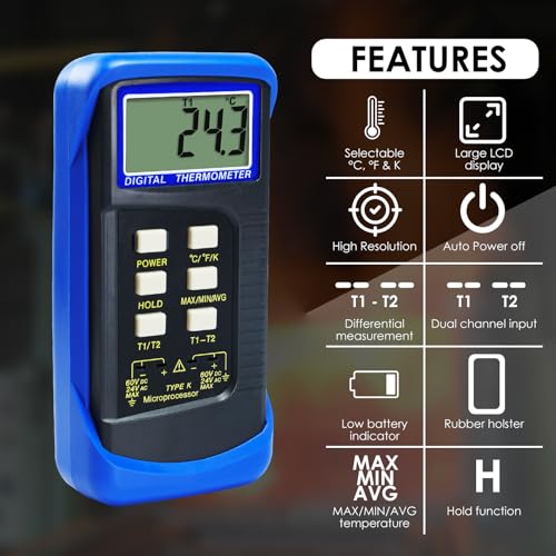Thermocouple Thermometer Digital K Type Dual Channel Thermometer HVAC Temperature Meter with 4 Thermocouples, MAX/MIN/AVG Temperature Measurement