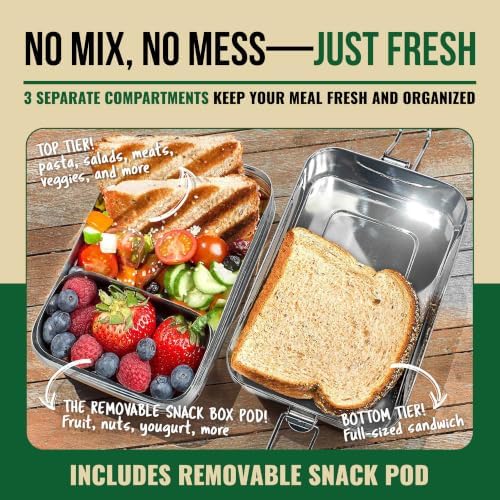Stackable Stainless Steel Bento Box for Adults, 6 Cup with Snack Pod | Crack-Resistant, Secure Locks, Eco-Friendly Lunch Container for Work