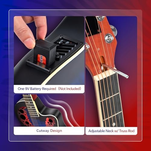 GLARRY 41in Acoustic Electric Guitar, Unique Round-back Design, 6 String Cutaway Guitar Beginner Kit with 15W Amp, EQ, Bag, Strap, Picks, Strings (Black With AMP, Full-Right Handed)