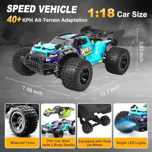 1:18 Scale All-Terrain RC Car for Adults - 40+KM/H High Speed 4WD Off-Road Remote Control Truck with 2 Rechargeable Batteries
