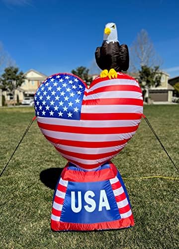 5 Foot Tall Patriotic Independence Day 4th of July Inflatable | Love Heart with American Flag and Bald Eagle, Pre-Lit LED Lights, Outdoor Indoor