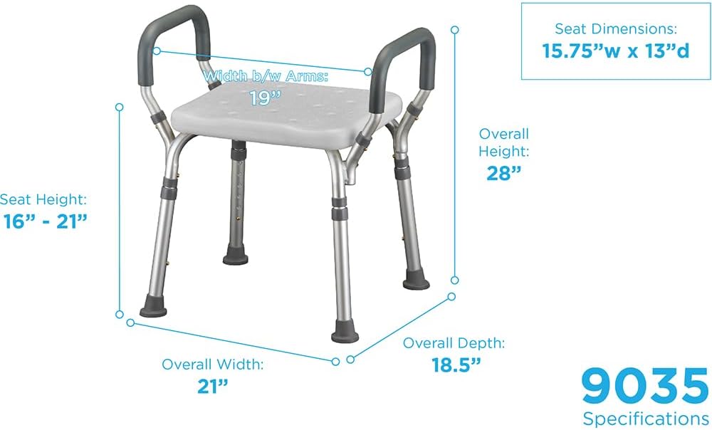 NOVA Adjustable Shower Bench with Padded Arms – Lightweight, Skid-Resistant Tips, White Plastic Seat with Drainage Holes
