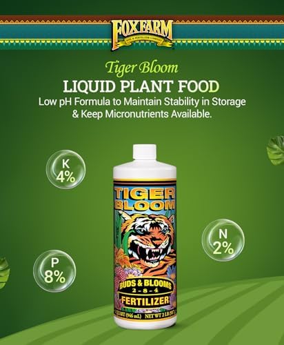 FoxFarm Tiger Bloom Liquid Plant Food - Phosphorus Fertilizer for Buds, Blooms & Flowering - Supports Soil & Hydroponic Systems - High Micronutrient Formula with 2-8-4 Nutrient Ratio - 1 Quart