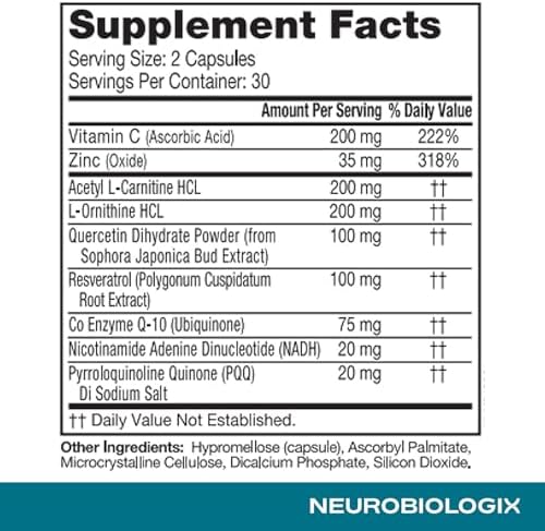 Neurobiologix Mito Cell PQQ Energy & Focus, CoQ10 & NADH, 60 Capsules | Vitamin C, Acetyl L-Carnitine & Antioxidants, Mitochondrial Support
