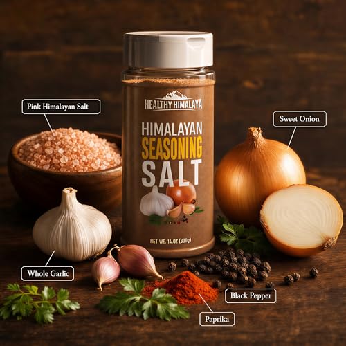 Himalayan Seasoning Salt with Pepper, Garlic, and Onion – Natural Himalayan Pink Salt for Grilling, Cooking, and Finishing – 14 oz Shaker