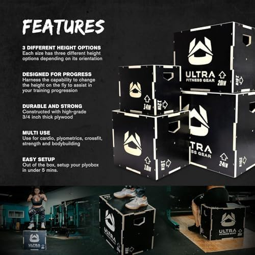 Wooden Plyo Box, 31 Plyometric Jump Training Squat, Step Up, Jumps & More Workout Size S, M, L, XL, Home Gym Exercise Equipment (Black Anti-Slip, Small 16/14/12)