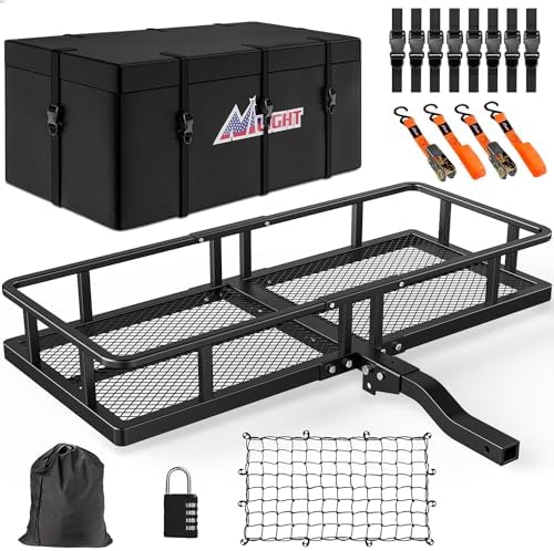 Nilight 32”×26”×4” RV Bumper Mounted Cargo Rack Carrier with Net Fits 4-inch or 4-1/2-inch Bumpers Heavy Duty Luggage Holder Basket for RV Camping Traveling Capacity 350LBS