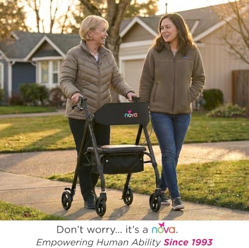 NOVA Star 6 Foldable Rollator Walker for Seniors, Wide Padded Backrest with Seat, 6” All-Terrain Wheels, Easy-Grip Locking Hand Brakes, Height Adjustable, Blue
