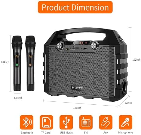 Hotec Wireless Bluetooth Portable PA Speaker System, Powerful Bluetooth Karaoke Machine with Dual Wireless Microphones for Karaoke, Wedding, Party