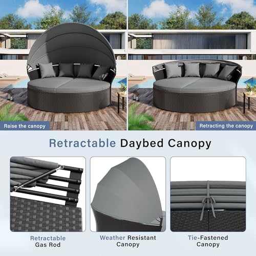 Outdoor Patio Furniture Canopy Daybed Round Sofas, 4 Pieces Seating Separates Cushioned Seats, Black Wicker, Lawn Poolside Garden, Grey