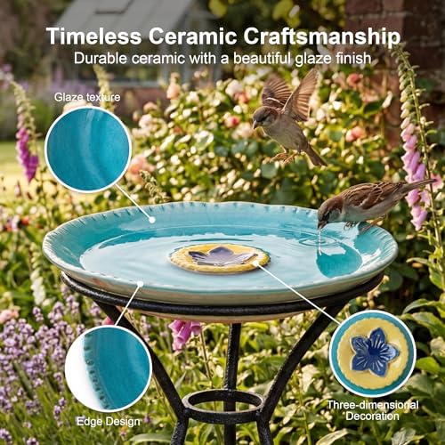 Topadorn 2" Depth Ceramic Birdbath & Birdfeeder for Small Birds Outdoors