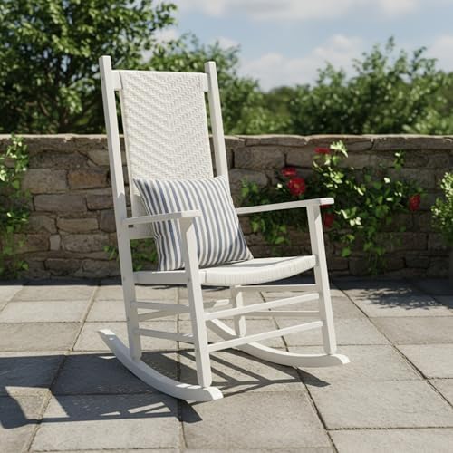 Shine Company Hampton Porch Rocker, High Back Wood Rocking Chair, Rattan Backrest & Seat, White