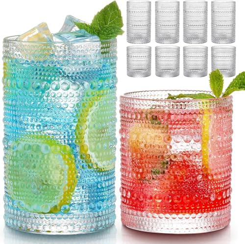Hlukana Vintage Hobnail Drinking Glasses Set of 8, 12 oz Highball Glasses & 10 oz Cocktail Glasses Set, Kitchen Water Glasses Cup
