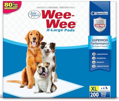 Four Paws Wee-Wee Superior Performance X-Large Dog Pee Pads, 40 Count | Puppy & dog potty training pads, housebreaking supplies, xl puppy pads, pet supplies, 24-hour floor protection, 28" x 34"