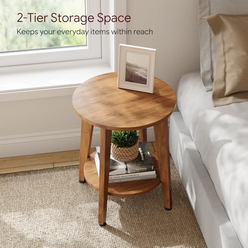 Simple Trending Round Side Table, Small End Table, Nightstand Bedside Table with Tapered Legs, for Living Room, Rustic Walnut