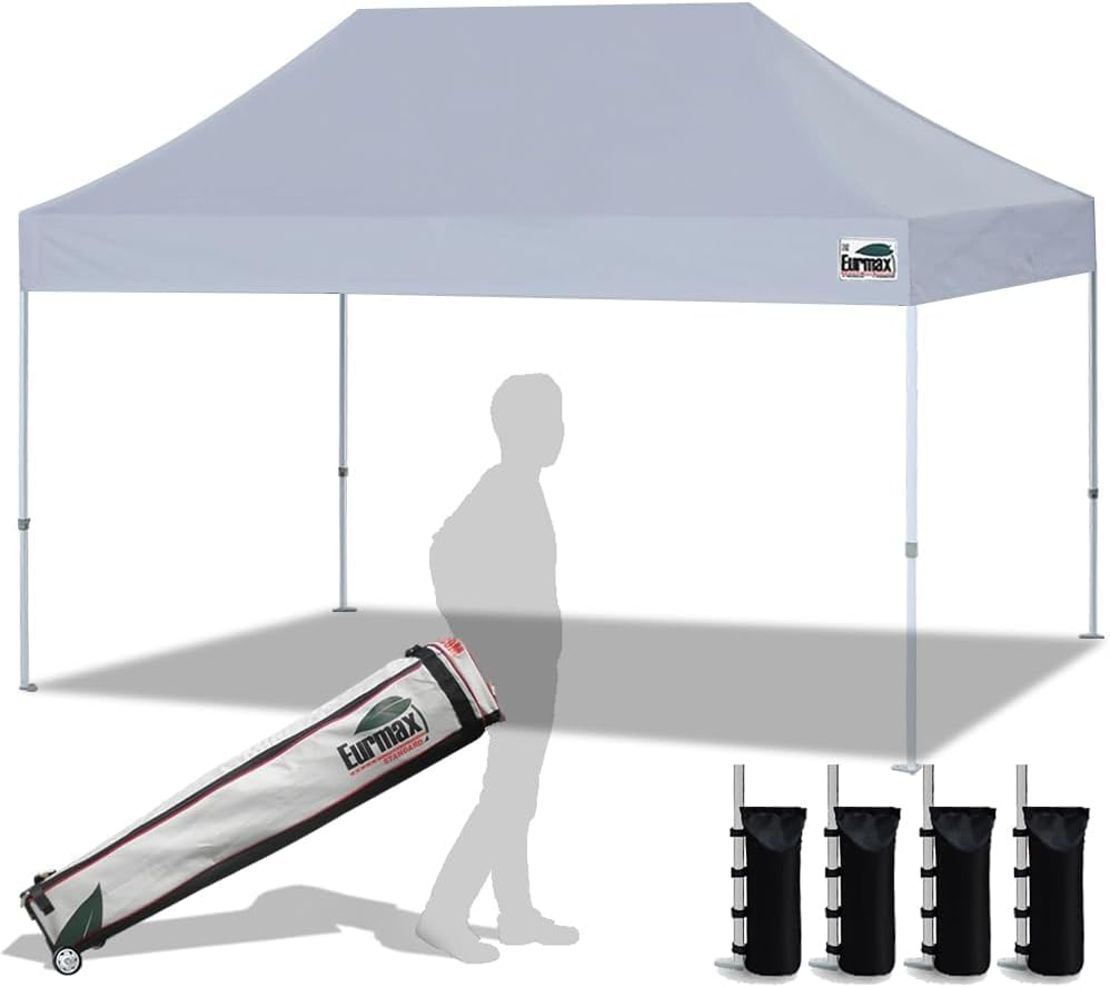 Eurmax USA 10x10ft Pop Up Canopy,Commercial Instant Tent for Outdoor Events,Patented No-Tip Rolling Storage Bag with 4 Sandbags,UV & Water Resistant,Heavy Duty Portable Shelter Gazebo,Black