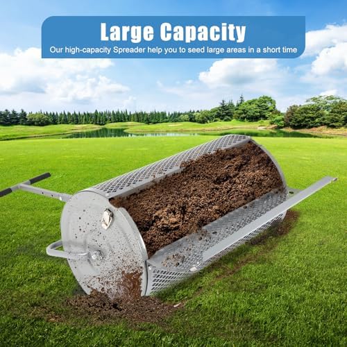 Dollate Large Compost Spreader for Lawn, 27" Spreader with Adjustble Handle Used in Garden Backyard, Durable Roller Spreader for Yard Work Grey