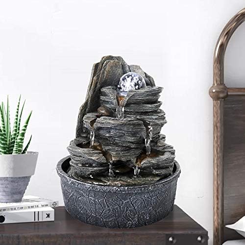 Rockery Indoor Water Fountain, Zen Meditation Tabletop Fountain with LED Lights & Crystal Ball for Home Office Bedroom 9 4/5"