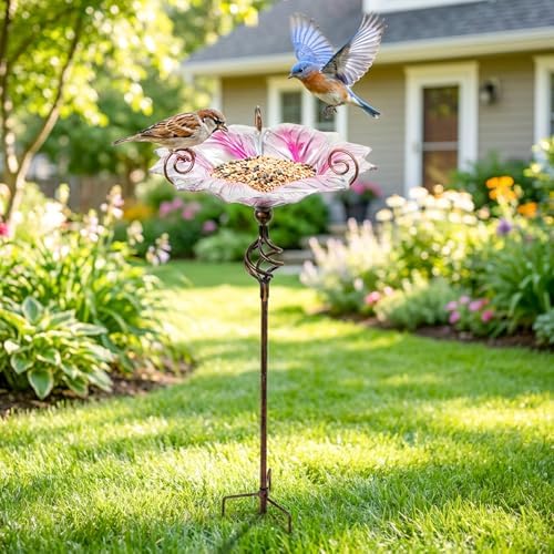 VCUTEKA Glass Bird Bath Outdoor Birdfeeder with Metal Stake Garden Decor