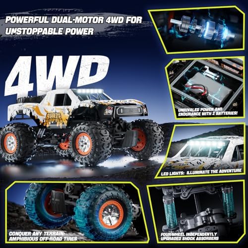 1:10 Amphibious Remote Control Car, 2.4 GHz Waterproof Monster Truck Toys RC Cars, 4WD All Terrain Off-Road Pickup RC Trucks, 2 Batteries 60Mins Play