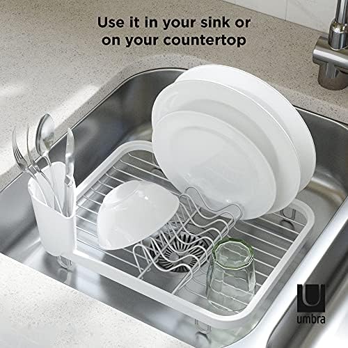 Umbra Sinkin Dish Drying Rack, in Sink or Countertop Drainer, Black/Nickel | Removable utensil holder, non slip rubber feet, fits standard sizes, coated wire and plastic